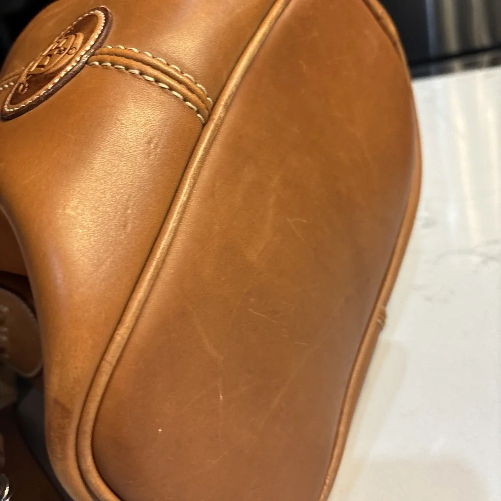 Dooney & Bourke Tan All Weather Leather Drawstring Bucket Bag Purse